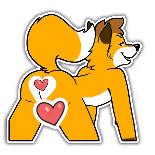 Foxbrush showing his tailhole, all sensitive parts censored by hearts